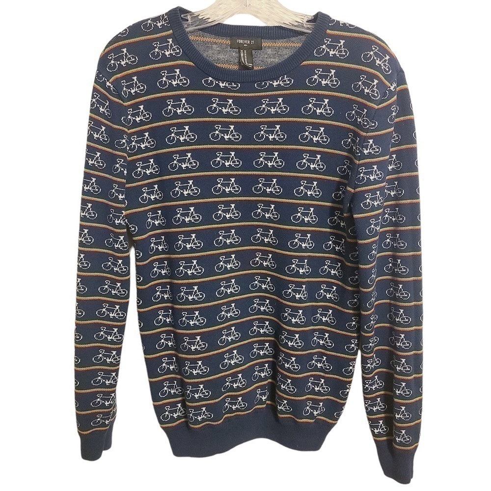 Forever 21 Men | Navy Bicycle Print & Striped Crewneck Sweater (Size Medium) - Picture 2 of 12